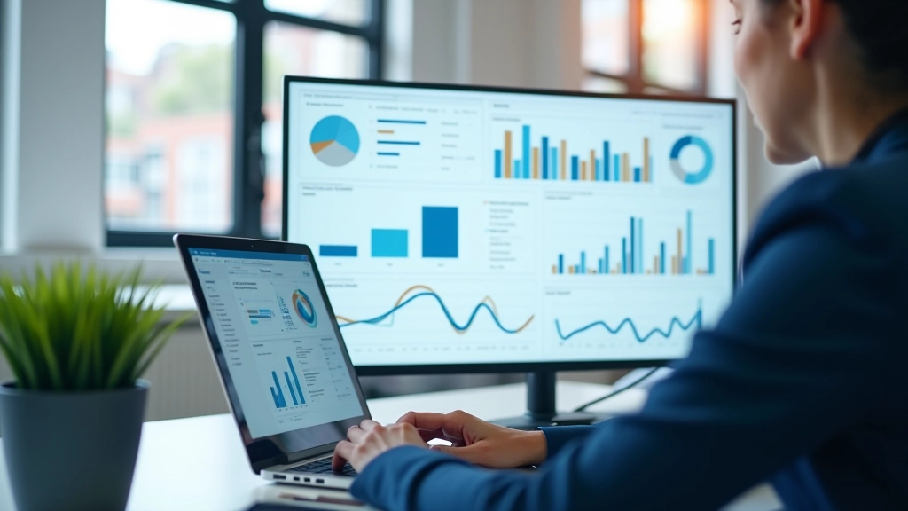 Dashboard met grafieken en KPI's, metriek-tracking op computerscherm in kantoor