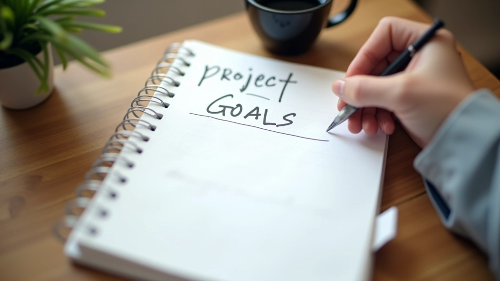 Notitieblok met projectdoelen en scope opgeschreven, pen en koffie op tafel