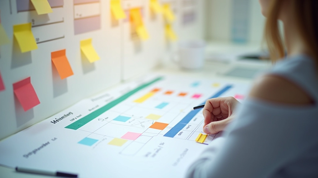 Timeline met milestones en taken, gekleurde markers en deadlines ingedeeld